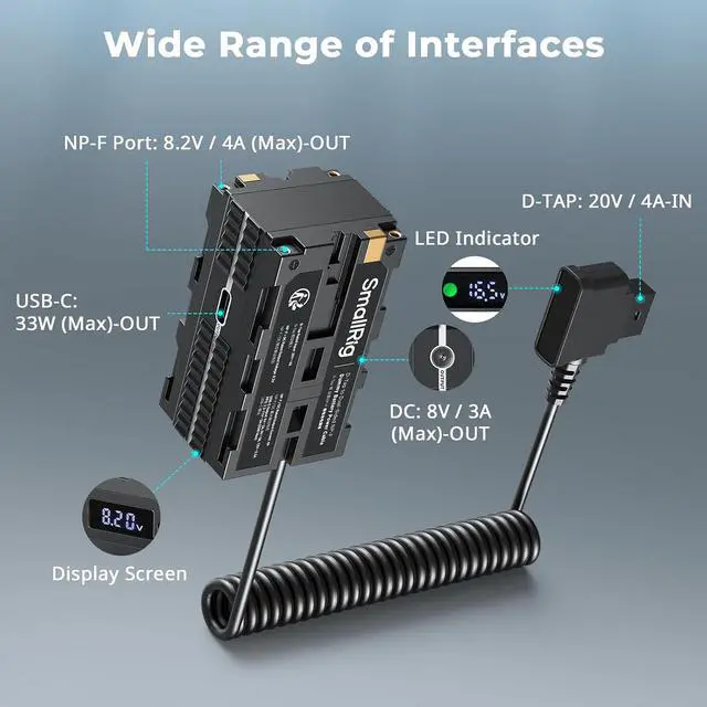 Alt view image 2 of 7 - D-tap to Dual-Sided NP-F Dummy Battery, with USB-C, DC Port, LED Display, for NP-FZ100/ LP-E6NH/ LP-E6P/ EN-EL15C/ DMW-BLK22 Dummy Batteries,Monitor and Wireless Video Transmitters