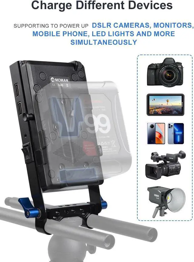 Alt view image 3 of 7 - V-Mount Battery Plate, Power Supply Splitter with 15mmRod Clamp for BMPCC 4K/6K DSLR Cameras Camcorders Canon 5D2/5D3/5D4/6D/6D2/7D/7D2/70D/80D/5DSR, LP-E6 Dummy Battery DC Cables Included