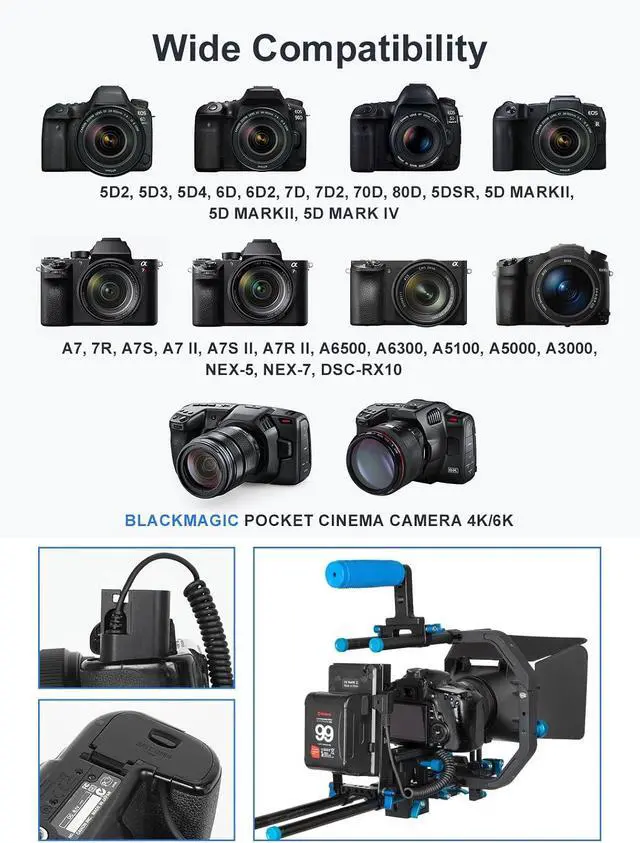 Alt view image 5 of 7 - V-Mount Battery Plate, Power Supply Splitter with 15mmRod Clamp for BMPCC 4K/6K DSLR Cameras Camcorders Canon 5D2/5D3/5D4/6D/6D2/7D/7D2/70D/80D/5DSR, LP-E6 Dummy Battery DC Cables Included