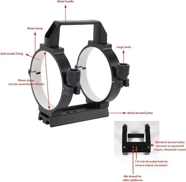 Alt view image 6 of 7 - Telescope Tube Ring, Optical Tube Clamp with 108mm Dovetail Plate, M6 Hole, 1/4in Hole, for 80mm to 90mm Astronomical Telescope