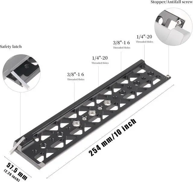 Alt view image 2 of 7 - Lightweight 10" Dovetail Plate w/Safety Latch 1/4"-20 3/8"-16 Holes for Tilta Standard Base Plate A7 Z Cam E2 BMPCC 4K 6K Kemoduo FX6 Cage FS5 C200 EVA1 JTZ Bridge Plate for Tripod Light Stand