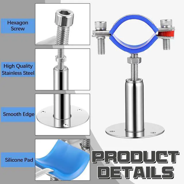 Alt view image 3 of 6 - 8 Pcs 304 Stainless Steel Wall Mount Ceiling Mount Pipe Supports Bracket, Suitable for OD 1/4''(15-19mm), Adjustable Height Height 100-200mm, Pipe Strap Clamp with Screws