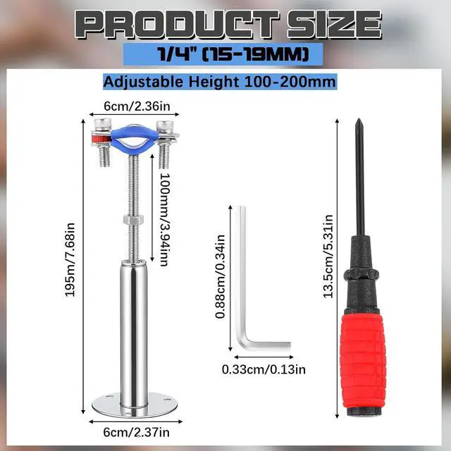 Alt view image 2 of 6 - 8 Pcs 304 Stainless Steel Wall Mount Ceiling Mount Pipe Supports Bracket, Suitable for OD 1/4''(15-19mm), Adjustable Height Height 100-200mm, Pipe Strap Clamp with Screws