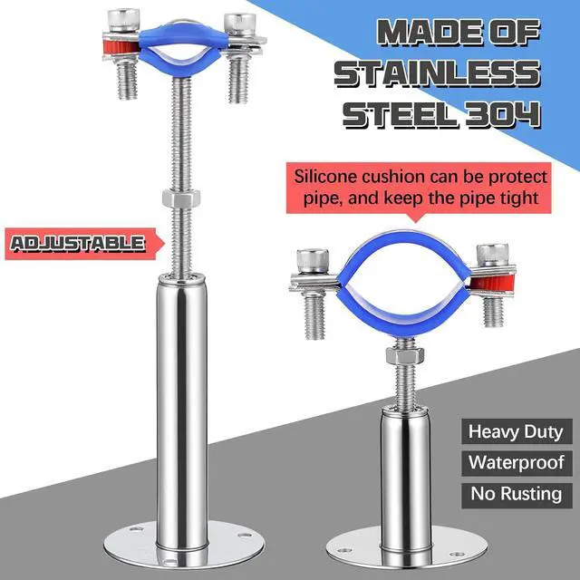 Alt view image 4 of 6 - 8 Pcs 304 Stainless Steel Wall Mount Ceiling Mount Pipe Supports Bracket, Suitable for OD 1/4''(15-19mm), Adjustable Height Height 100-200mm, Pipe Strap Clamp with Screws
