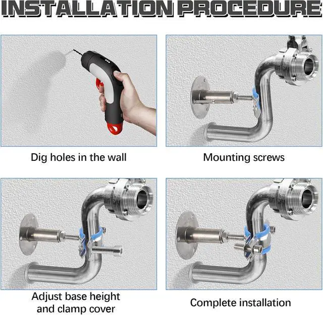 Alt view image 5 of 6 - 8 Pcs 304 Stainless Steel Wall Mount Ceiling Mount Pipe Supports Bracket, Suitable for OD 1/4''(15-19mm), Adjustable Height Height 100-200mm, Pipe Strap Clamp with Screws