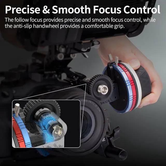 Alt view image 2 of 7 - Mini Follow Focus, with 15mm Rod and Rod Clamp, Gear Ring Belt, 3 Reversible Drive Gears and 2 Marking Disks, Supports A/B Hard Stops and 360° Infinity Zoom - MF15C