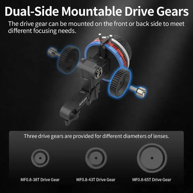 Alt view image 5 of 7 - Mini Follow Focus, with 15mm Rod and Rod Clamp, Gear Ring Belt, 3 Reversible Drive Gears and 2 Marking Disks, Supports A/B Hard Stops and 360° Infinity Zoom - MF15C