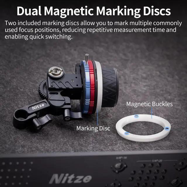 Alt view image 6 of 7 - Mini Follow Focus, with 15mm Rod and Rod Clamp, Gear Ring Belt, 3 Reversible Drive Gears and 2 Marking Disks, Supports A/B Hard Stops and 360° Infinity Zoom - MF15C