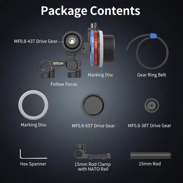 Alt view image 7 of 7 - Mini Follow Focus, with 15mm Rod and Rod Clamp, Gear Ring Belt, 3 Reversible Drive Gears and 2 Marking Disks, Supports A/B Hard Stops and 360° Infinity Zoom - MF15C