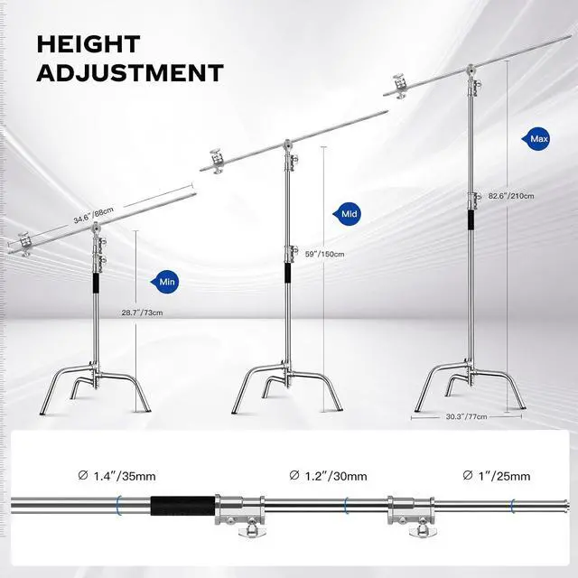 Alt view image 2 of 7 - Heavy Duty C Stand 6.9ft/210cm with Holding Arm Sandbag Grip Head Stainless Steel Photography Light Stand C-Stand Sturdy for Photography Studio Video Monolight Softbox Shooting (Silver)