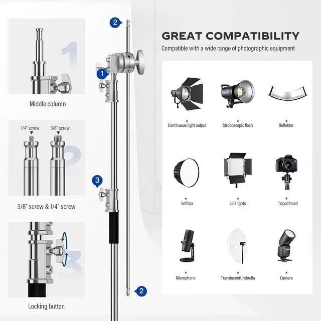 Alt view image 4 of 7 - Heavy Duty C Stand 6.9ft/210cm with Holding Arm Sandbag Grip Head Stainless Steel Photography Light Stand C-Stand Sturdy for Photography Studio Video Monolight Softbox Shooting (Silver)