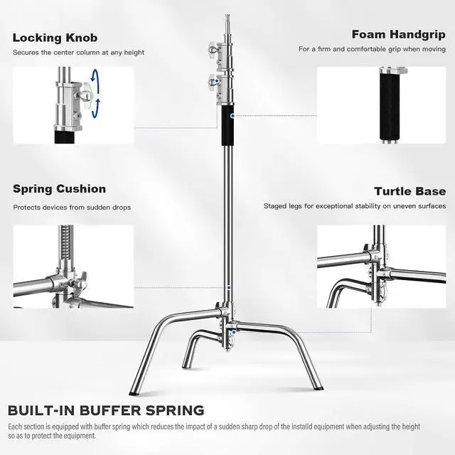 Alt view image 6 of 7 - Heavy Duty C Stand 6.9ft/210cm with Holding Arm Sandbag Grip Head Stainless Steel Photography Light Stand C-Stand Sturdy for Photography Studio Video Monolight Softbox Shooting (Silver)