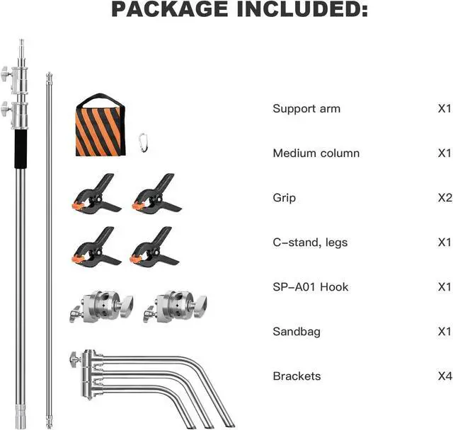 Alt view image 7 of 7 - Heavy Duty C Stand 6.9ft/210cm with Holding Arm Sandbag Grip Head Stainless Steel Photography Light Stand C-Stand Sturdy for Photography Studio Video Monolight Softbox Shooting (Silver)