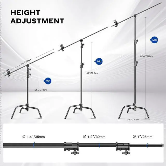 Alt view image 2 of 7 - Heavy Duty C Stand 6.9ft/210cm with Holding Arm Sandbag Grip Head Stainless Steel Photography Light Stand C-Stand Sturdy for Photography Studio Video Monolight Softbox Shooting (Black)
