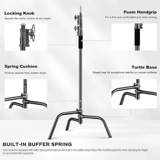 Alt view image 6 of 7 - Heavy Duty C Stand 6.9ft/210cm with Holding Arm Sandbag Grip Head Stainless Steel Photography Light Stand C-Stand Sturdy for Photography Studio Video Monolight Softbox Shooting (Black)