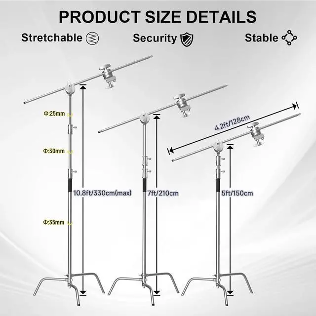 Alt view image 3 of 6 - Heavy Duty C Stand with Boom Arm, 10.8ft/330cm Stainless Steel Light Stand