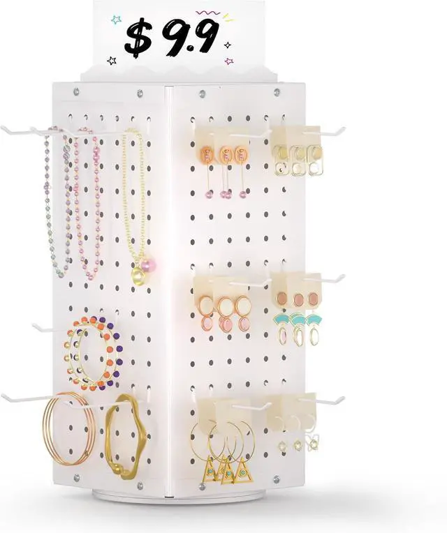 Main image of 360° Rotating Pegboard Display Stand with Signage, 4-Sided Spinning Peg Board Stand with 24 Hooks for Jewelry, Earring & Keychain Holder Displays for Craft Shows & Vendor Events (White)