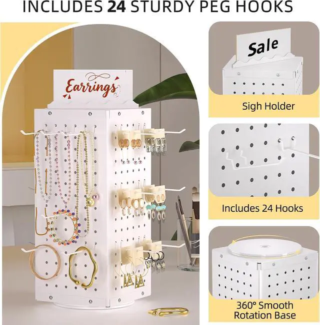 Alt view image 4 of 7 - 360° Rotating Pegboard Display Stand with Signage, 4-Sided Spinning Peg Board Stand with 24 Hooks for Jewelry, Earring & Keychain Holder Displays for Craft Shows & Vendor Events (White)