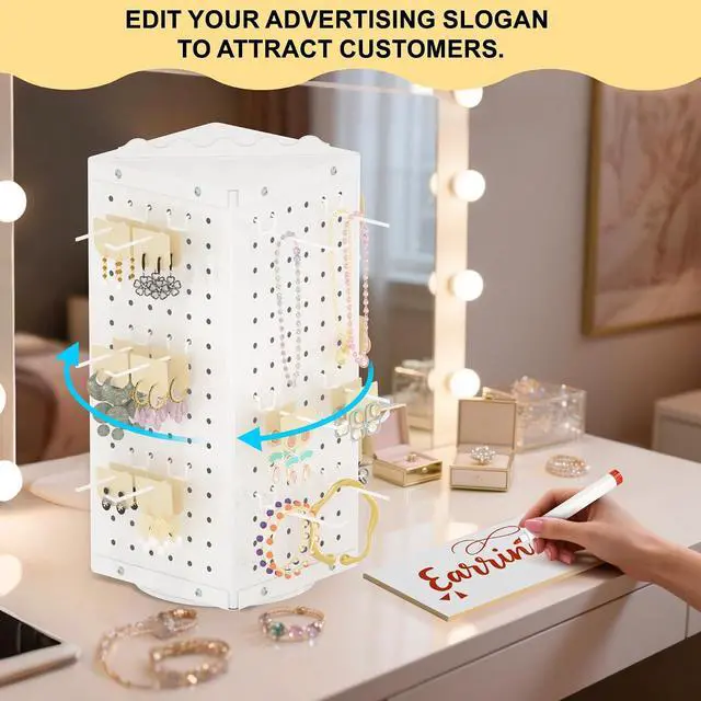 Alt view image 5 of 7 - 360° Rotating Pegboard Display Stand with Signage, 4-Sided Spinning Peg Board Stand with 24 Hooks for Jewelry, Earring & Keychain Holder Displays for Craft Shows & Vendor Events (White)
