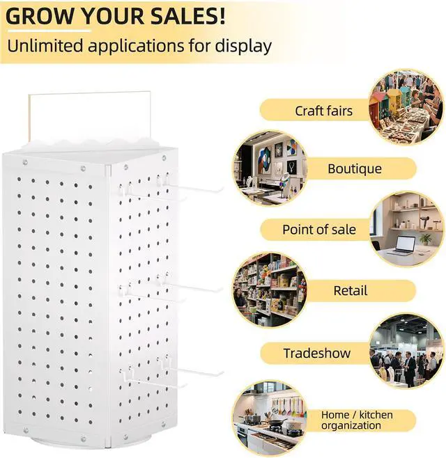 Alt view image 7 of 7 - 360° Rotating Pegboard Display Stand with Signage, 4-Sided Spinning Peg Board Stand with 24 Hooks for Jewelry, Earring & Keychain Holder Displays for Craft Shows & Vendor Events (White)