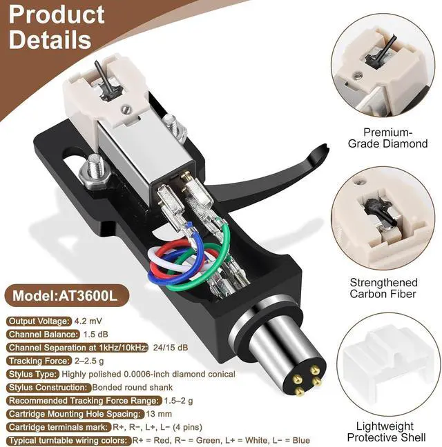 Alt view image 3 of 7 - AT-3600L Cartridge Stylus, Black Headshell Fit for Technics SL D1, SL D1K, SL D2, SL D202, SL D205, SL D2K, SL D3, SL D303, SL D33, SL D3K, SL D5