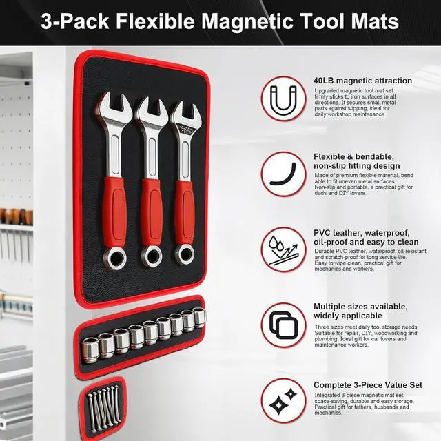 Alt view image 6 of 7 - Magnetic Tool Mat Set for Mechanics, Flexible Heavy Duty Magnetic Parts Holder and Tool Organizer for Wrenches, Screws, Nuts, Bolts, Garage Toolbox Accessories (Red, 3PC)
