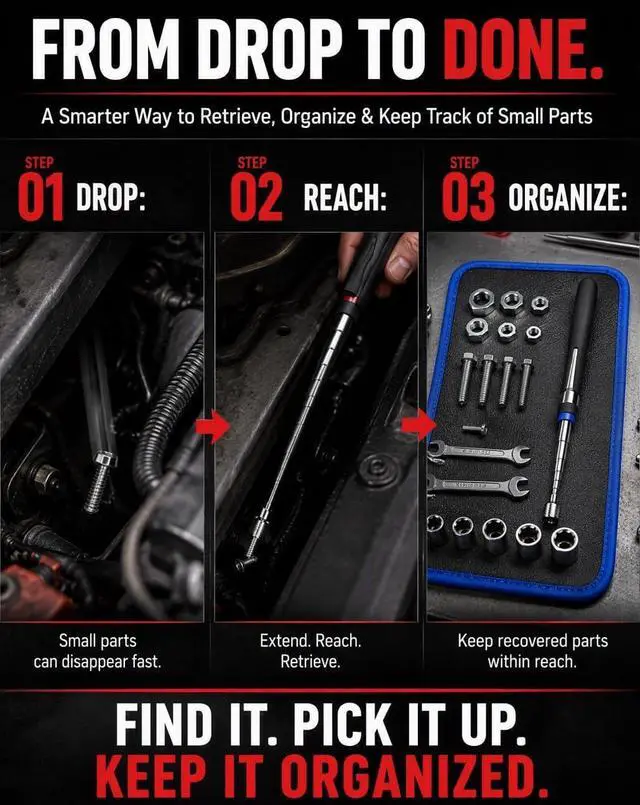 Alt view image 4 of 7 - Flexible Magnetic Tool Mat Set, 40LB Strong Magnetic Parts Tray with Telescopic Pickup Wand, Oil Resistant Non Slip PU Repair Mat for Auto Motorcycle Electronics Garage Organizer