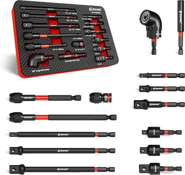 Main image of Impact Socket Adapter Set, 14PCS with Swivel and Angle Attachments | 1/4", 3/8", 1/2" Square Drive Adapters, Magnetic Bit Holder, Quick-Release Extension, Swivel Joints, Right Angle Driver