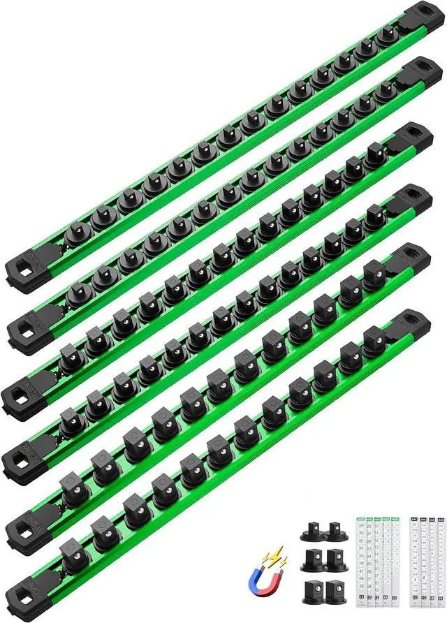 Main image of Magnetic Socket Organizer Set, 6PC Heavy Duty Aluminum Socket Holder Organizer, 360° Swivel Clips Socket Holder Kit for Toolbox Drawer Fit 1/2, 3/8, 1/4-Inch x 80 Clips (Green, 6PC)