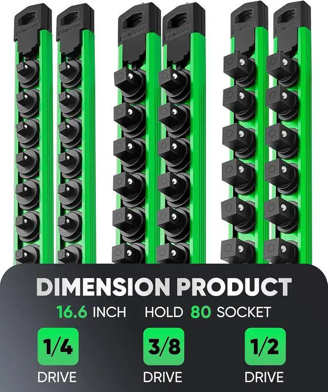 Alt view image 3 of 7 - Magnetic Socket Organizer Set, 6PC Heavy Duty Aluminum Socket Holder Organizer, 360° Swivel Clips Socket Holder Kit for Toolbox Drawer Fit 1/2, 3/8, 1/4-Inch x 80 Clips (Green, 6PC)