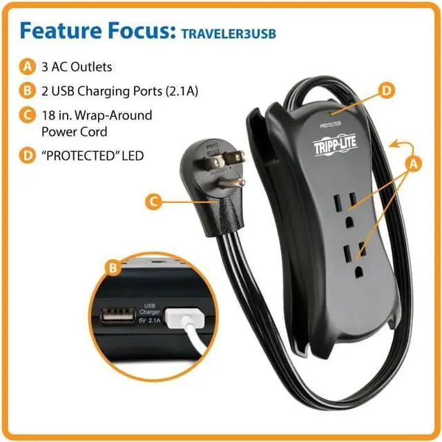 Alt view image 6 of 7 - Eaton TRAVELER3USB Travel Power Strip & USB Charger, Flat Plug, 1050 Joule Surge Protector, 2 USB Ports, 3-Outlets, 18" Cord & Cable Wrap, $25,000 Insurance