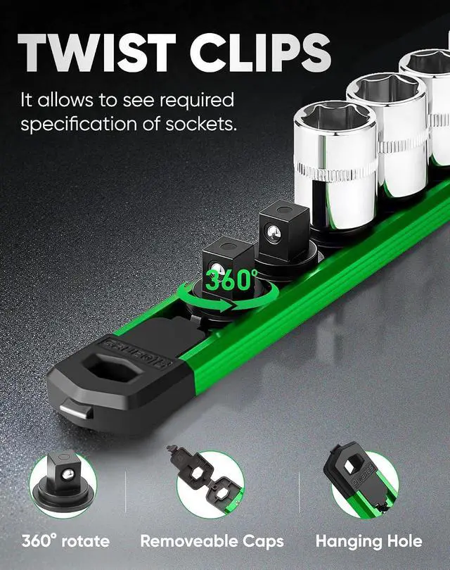 Alt view image 4 of 7 - Magnetic Socket Organizer Set, 6PC Heavy Duty Aluminum Socket Holder Organizer, 360° Swivel Clips Socket Holder Kit for Toolbox Drawer Fit 1/2, 3/8, 1/4-Inch x 80 Clips (Green, 6PC)