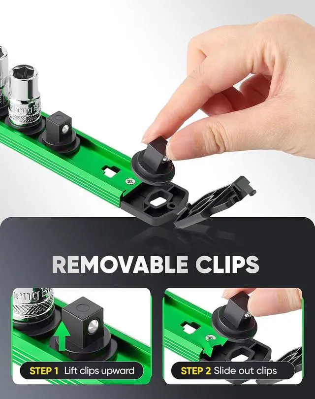 Alt view image 5 of 7 - Magnetic Socket Organizer Set, 6PC Heavy Duty Aluminum Socket Holder Organizer, 360° Swivel Clips Socket Holder Kit for Toolbox Drawer Fit 1/2, 3/8, 1/4-Inch x 80 Clips (Green, 6PC)