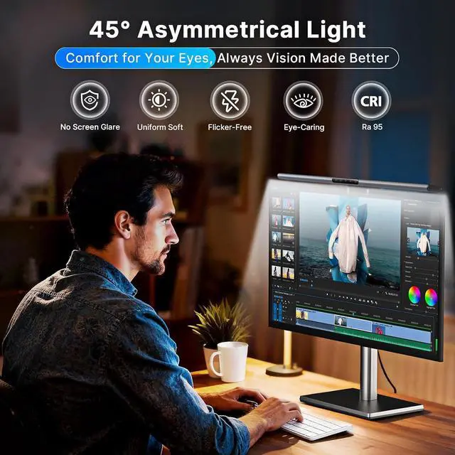 Alt view image 2 of 7 - Monitor Light Bar with Backlight, Gaming & Home Office Monitor Lamp | CRI95+, No Screen Glare Eye Care Light, 1200lm, Touch & Gesture Control, Stepless Dimming for Flat & Curved Monitors