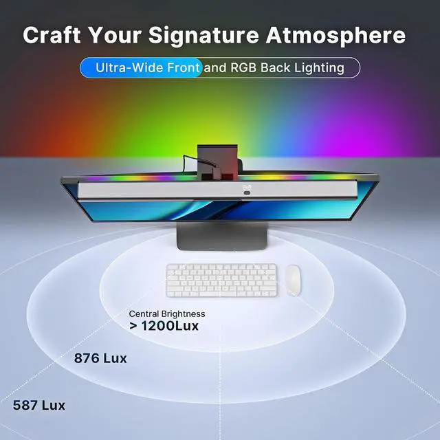 Alt view image 4 of 7 - Monitor Light Bar with Backlight, Gaming & Home Office Monitor Lamp | CRI95+, No Screen Glare Eye Care Light, 1200lm, Touch & Gesture Control, Stepless Dimming for Flat & Curved Monitors