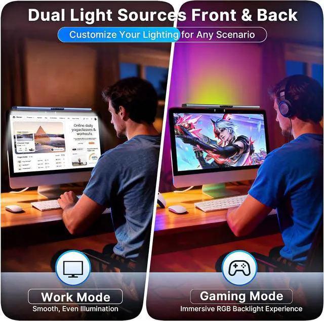 Alt view image 5 of 7 - Monitor Light Bar with Backlight, Gaming & Home Office Monitor Lamp | CRI95+, No Screen Glare Eye Care Light, 1200lm, Touch & Gesture Control, Stepless Dimming for Flat & Curved Monitors