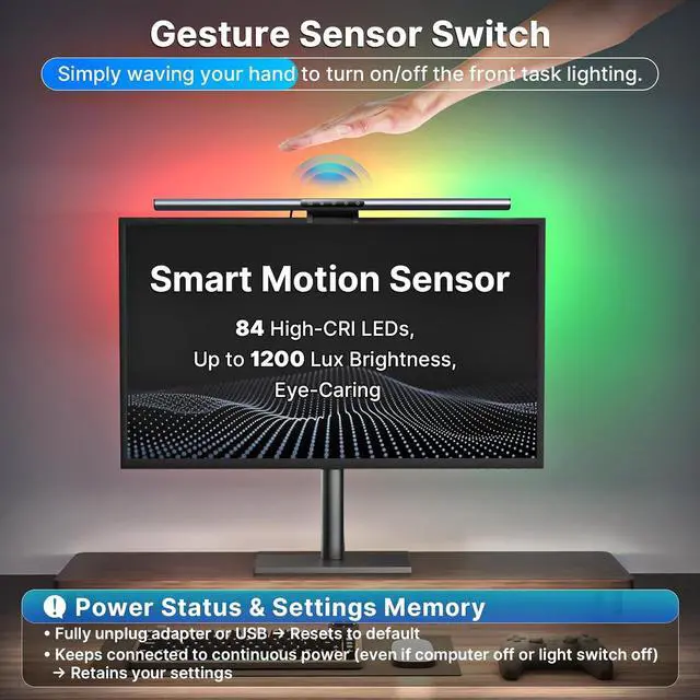 Alt view image 7 of 7 - Monitor Light Bar with Backlight, Gaming & Home Office Monitor Lamp | CRI95+, No Screen Glare Eye Care Light, 1200lm, Touch & Gesture Control, Stepless Dimming for Flat & Curved Monitors