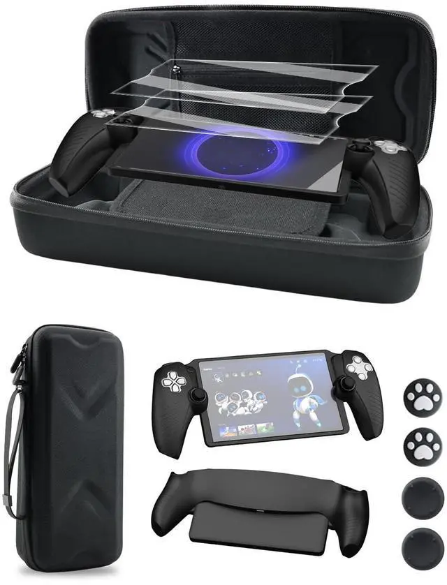 Main image of 14 in 1 Accessories Set for Portal Remote Player, Hard Carrying Case for PS Portal, Silicone Protective Cover, 2 Screen Protectors, 4 Thumb Grips for PS5 Portal, Black
