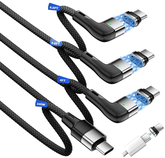 Main image of 240W USB-C Magnetic Cable, 3-Pack 4/6.6/6.6FT, 90-Degree Fast Charger