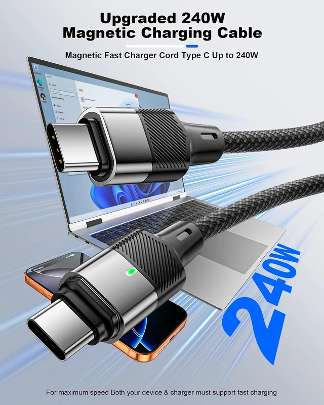 Alt view image 3 of 7 - 240W USB-C Magnetic Cable, 3-Pack 4/6.6/6.6FT, 90-Degree Fast Charger