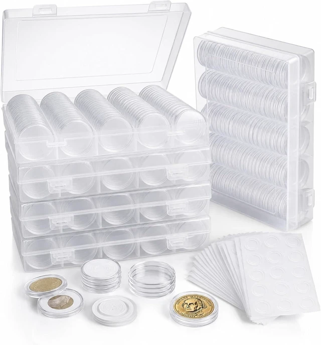 Main image of 500 PCS 30mm Clear Coin Capsule Holders with Foam Gaskets & 5 Storage Boxes Coin Collection Supplies for 17/20/25/27/30mm Coins