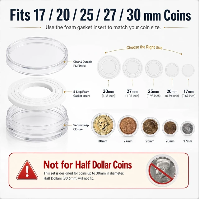 Alt view image 2 of 7 - 500 PCS 30mm Clear Coin Capsule Holders with Foam Gaskets & 5 Storage Boxes Coin Collection Supplies for 17/20/25/27/30mm Coins
