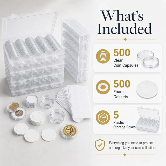 Alt view image 3 of 7 - 500 PCS 30mm Clear Coin Capsule Holders with Foam Gaskets & 5 Storage Boxes Coin Collection Supplies for 17/20/25/27/30mm Coins