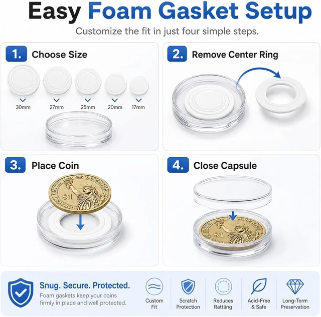 Alt view image 4 of 7 - 500 PCS 30mm Clear Coin Capsule Holders with Foam Gaskets & 5 Storage Boxes Coin Collection Supplies for 17/20/25/27/30mm Coins