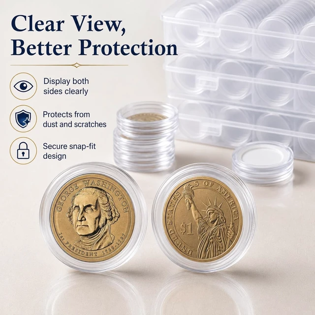 Alt view image 5 of 7 - 500 PCS 30mm Clear Coin Capsule Holders with Foam Gaskets & 5 Storage Boxes Coin Collection Supplies for 17/20/25/27/30mm Coins