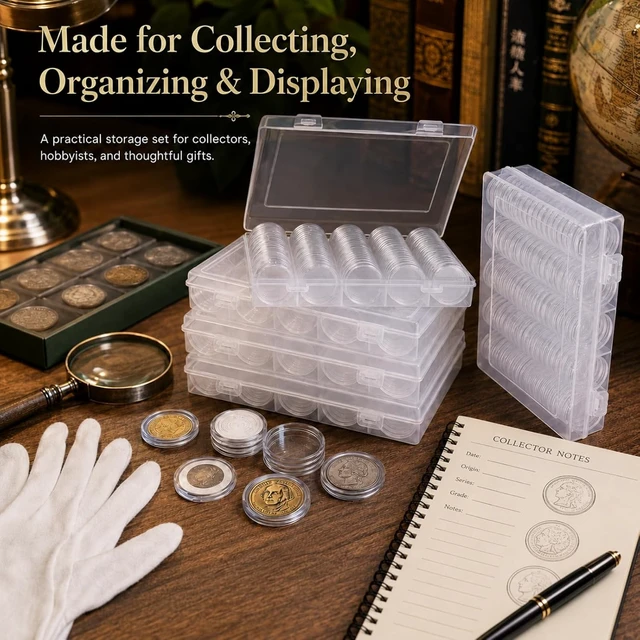 Alt view image 7 of 7 - 500 PCS 30mm Clear Coin Capsule Holders with Foam Gaskets & 5 Storage Boxes Coin Collection Supplies for 17/20/25/27/30mm Coins