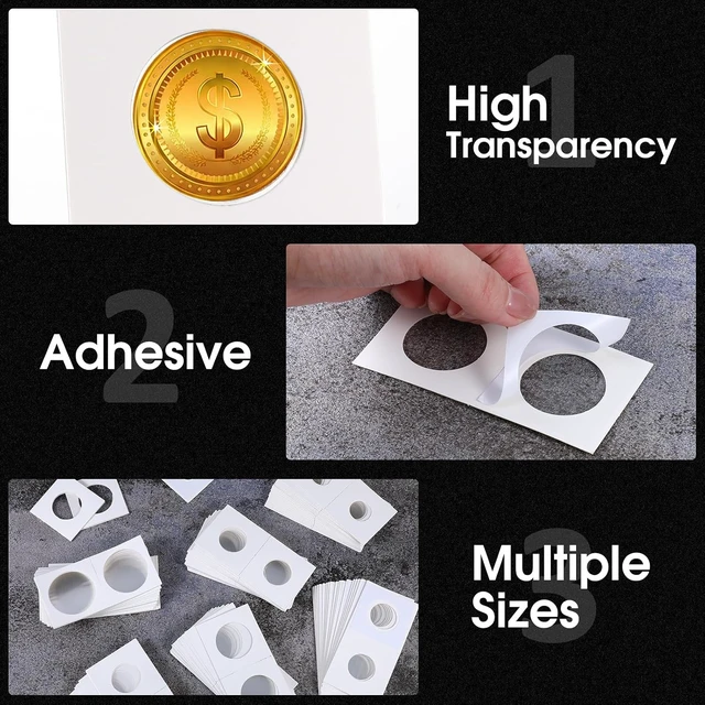 Alt view image 4 of 6 - 300 Self-Adhesive Cardboard Coin Holders, 2" x 2", Assorted Sizes Coin Flips Collection Supplies for Collectors (6 Size)