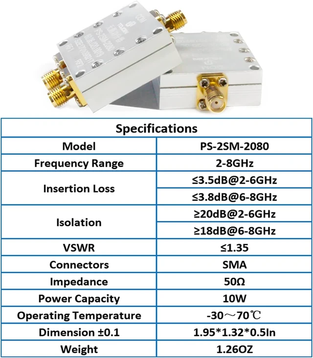 Alt view image 3 of 7 - TOJOIN Passive 2-Way Power Splitter/Divider for SMA Connectors 2-8GHz Coaxial Splitter for RF/Microwave Measurements & Antenna Systems (PS-2SM-2080)