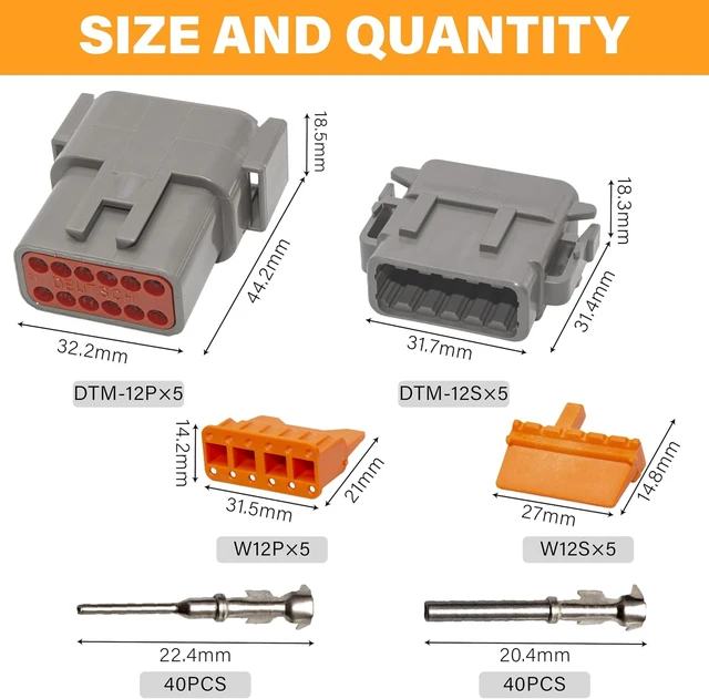 Alt view image 2 of 7 - Deutsch DTM Grey 12-Pin Electrical Wire Connectors, 5 Sets