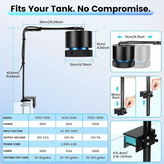 Alt view image 7 of 7 - 60W Aquarium Clip-On Stream Light with Auto Time Sync & 24/7 Mode